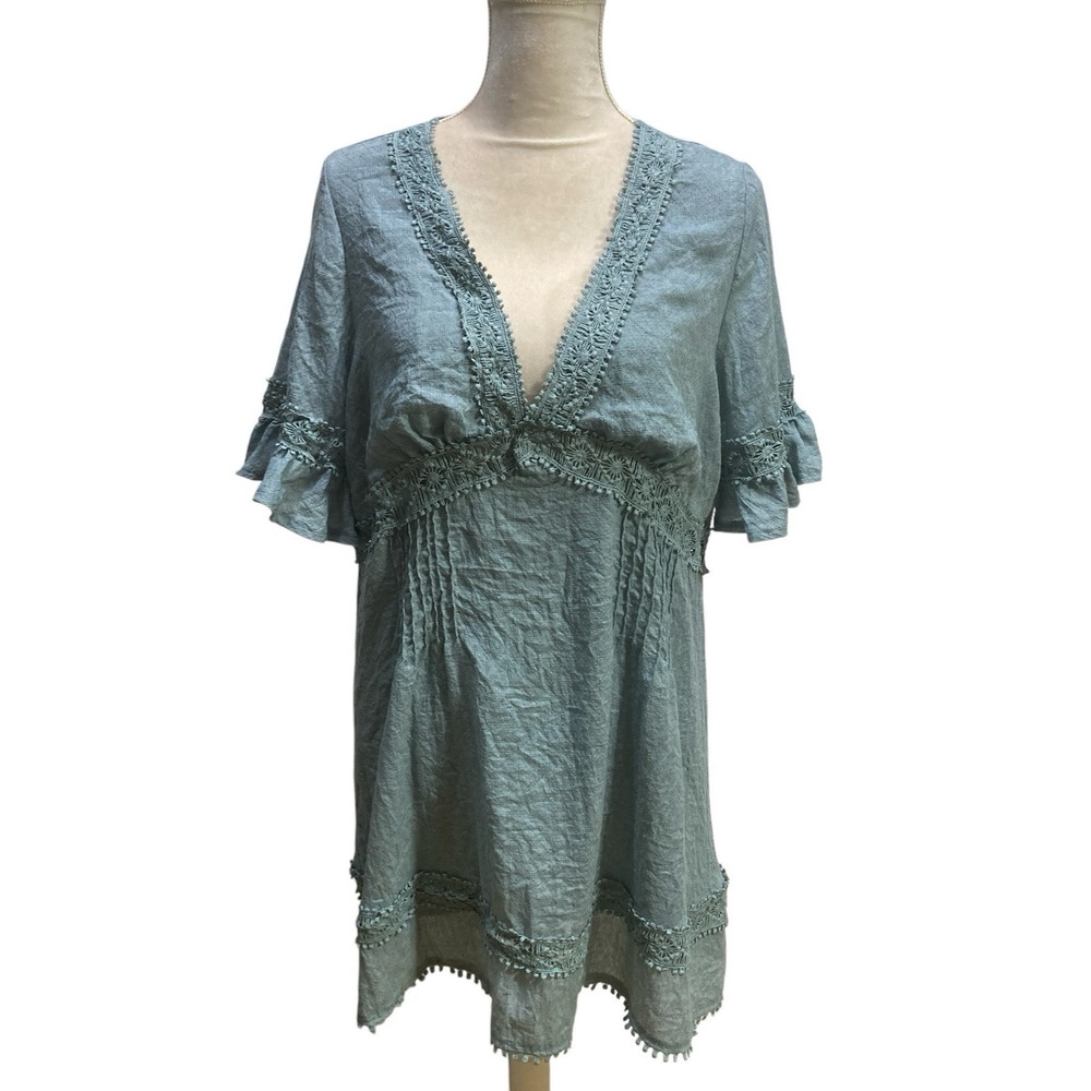 Pink Diamond Women's Boho Cottage core Blue‎ Mini Dress Size L Cotton Lace